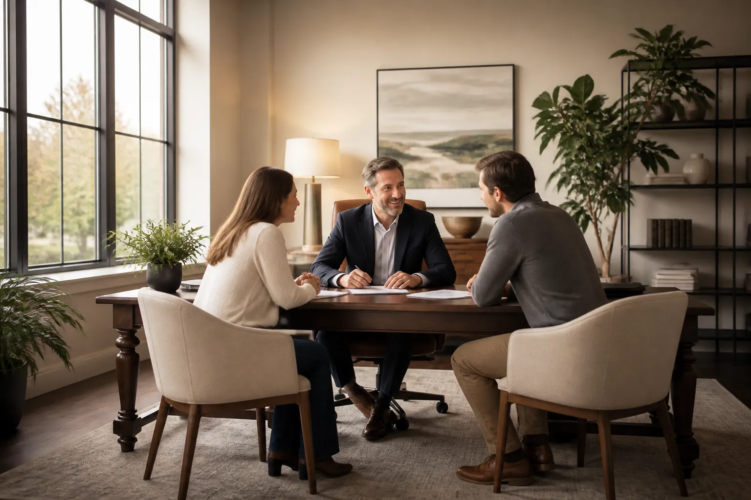 Debt advisor meeting with clients for a free case review in a professional office